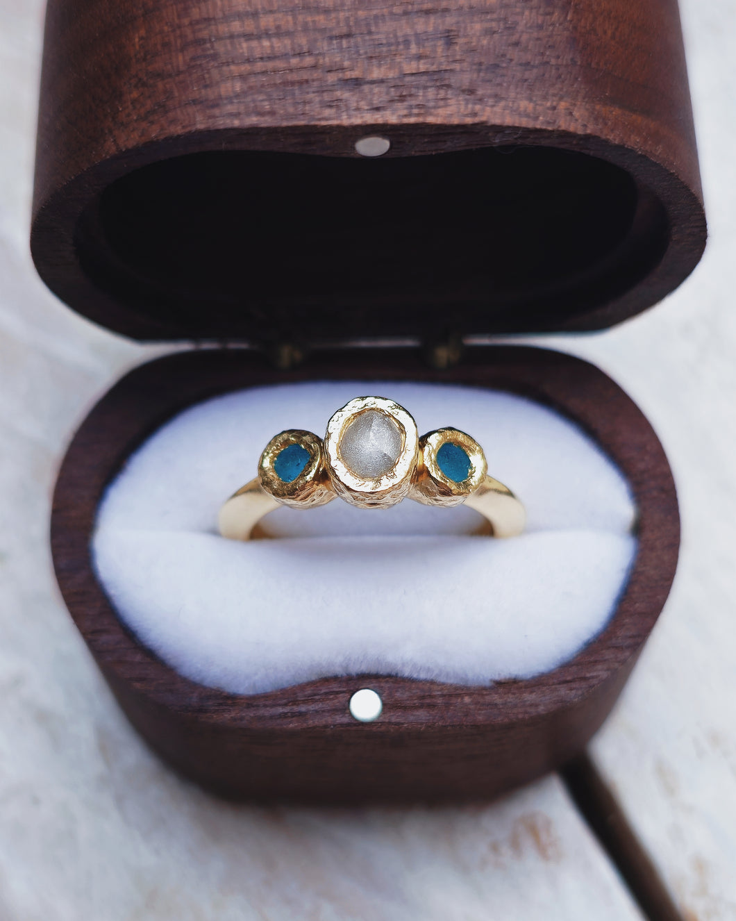 ROCK Engagement Ring - Certified 0.50ct Ocean Sourced Raw Diamond + Two 2.5mm Raw Round Sea Glass in 18ct Gold or Silver