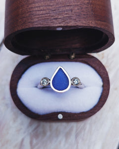 ABYSSAL Engagement Ring - Waterdrop Sea Glass + Two Certified 2.5mm Ocean Sourced Diamonds 0.14ct in 18ct Gold or Silver