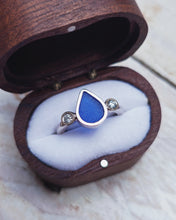 Load image into Gallery viewer, ABYSSAL Engagement Ring - Waterdrop Sea Glass + Two Certified 2.5mm Ocean Sourced Diamonds 0.14ct in 18ct Gold or Silver
