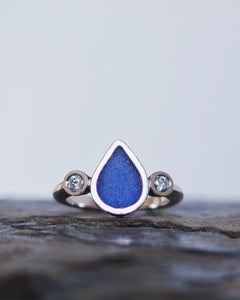 ABYSSAL Engagement Ring - Waterdrop Sea Glass + Two Certified 2.5mm Ocean Sourced Diamonds 0.14ct in 18ct Gold or Silver