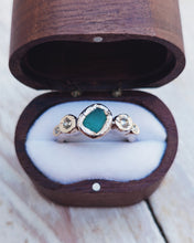 Load image into Gallery viewer, ROCK Engagement Ring - Raw Deep Teal Sea Glass + Four Certified 0.30ct Total Ocean Sourced Raw Diamonds in 18ct White Gold - Size M
