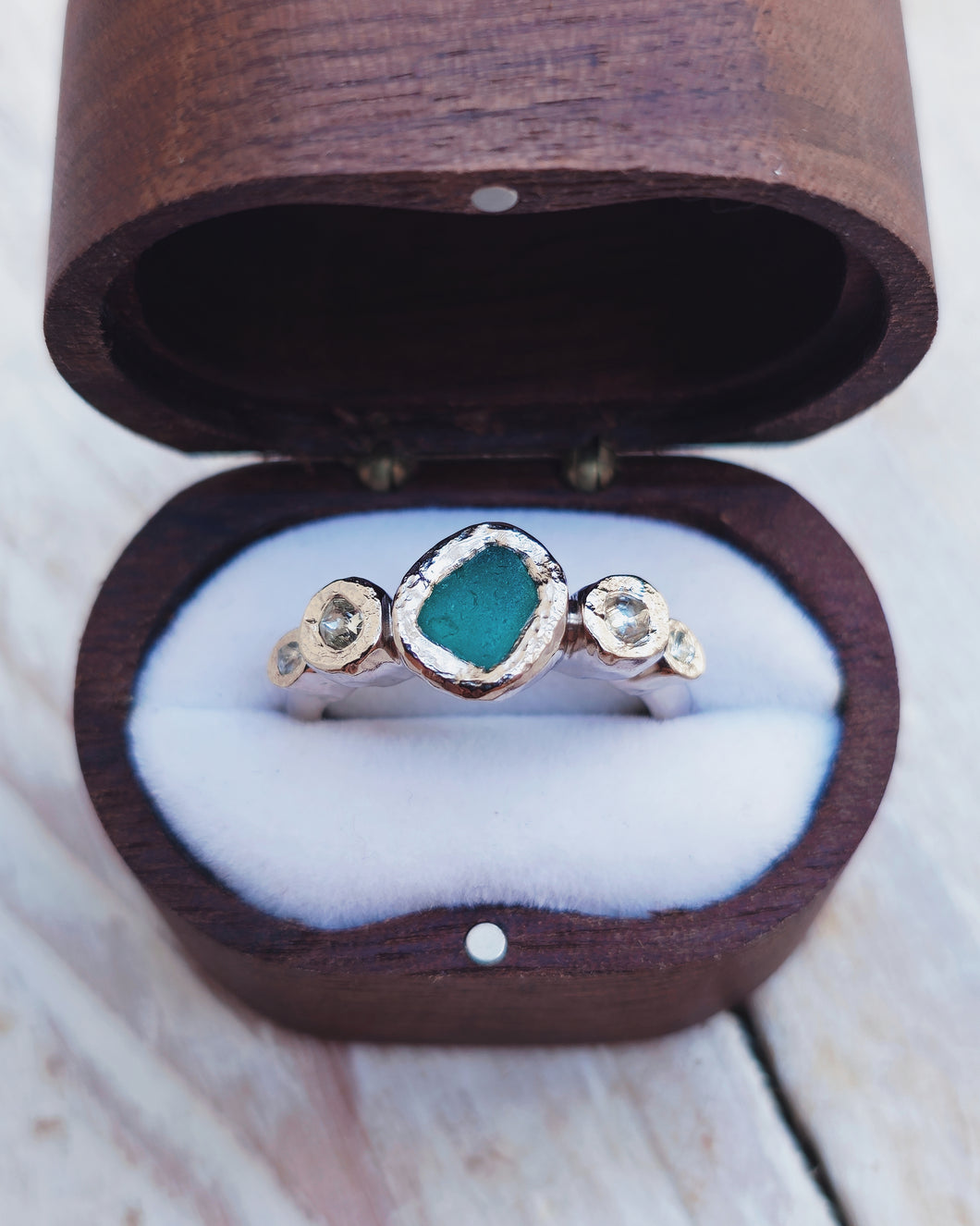 ROCK Engagement Ring - Raw Deep Teal Sea Glass + Four Certified 0.30ct Total Ocean Sourced Raw Diamonds in 18ct White Gold - Size M