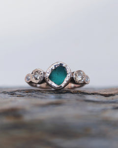 ROCK Engagement Ring - Raw Deep Teal Sea Glass + Four Certified 0.30ct Total Ocean Sourced Raw Diamonds in 18ct White Gold - Size M