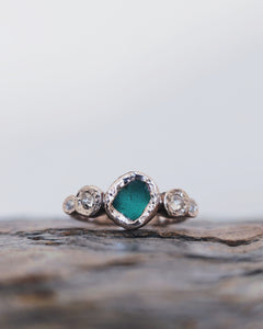 ROCK Engagement Ring - Raw Deep Teal Sea Glass + Four Certified 0.30ct Total Ocean Sourced Raw Diamonds in 18ct White Gold - Size M