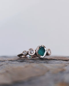 ROCK Engagement Ring - Raw Deep Teal Sea Glass + Four Certified 0.30ct Total Ocean Sourced Raw Diamonds in 18ct White Gold - Size M