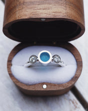 Load image into Gallery viewer, CAVERN Engagement Ring - Round Sea Glass + Two Certified 3mm Ocean Sourced Diamonds 0.22ct in 18ct Gold or Silver
