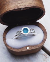 Load image into Gallery viewer, CAVERN Engagement Ring - Round Sea Glass + Two Certified 3mm Ocean Sourced Diamonds 0.22ct in 18ct Gold or Silver
