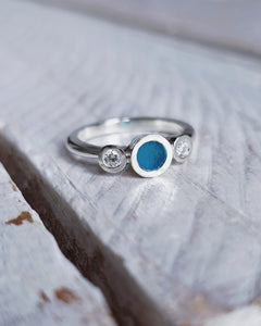 CAVERN Engagement Ring - Round Sea Glass + Two Certified 3mm Ocean Sourced Diamonds 0.22ct in 18ct Gold or Silver