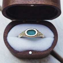 Load image into Gallery viewer, TREASURE Engagement Signet Ring - Oval Deep Teal Sea Glass + Twelve Certified 1.3mm Ocean Diamonds in 9ct Yellow Gold - Size L
