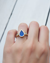 Load image into Gallery viewer, ABYSSAL Engagement Ring - Waterdrop Sea Glass + Two Certified 2.5mm Ocean Sourced Diamonds 0.14ct in 18ct Gold or Silver
