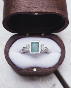 VOYAGE Engagement Ring - Rectangle Sea Glass + Six Certified 1.3mm Ocean Sourced Diamonds 0.06ct in 18ct Gold or Silver by South Jewellery