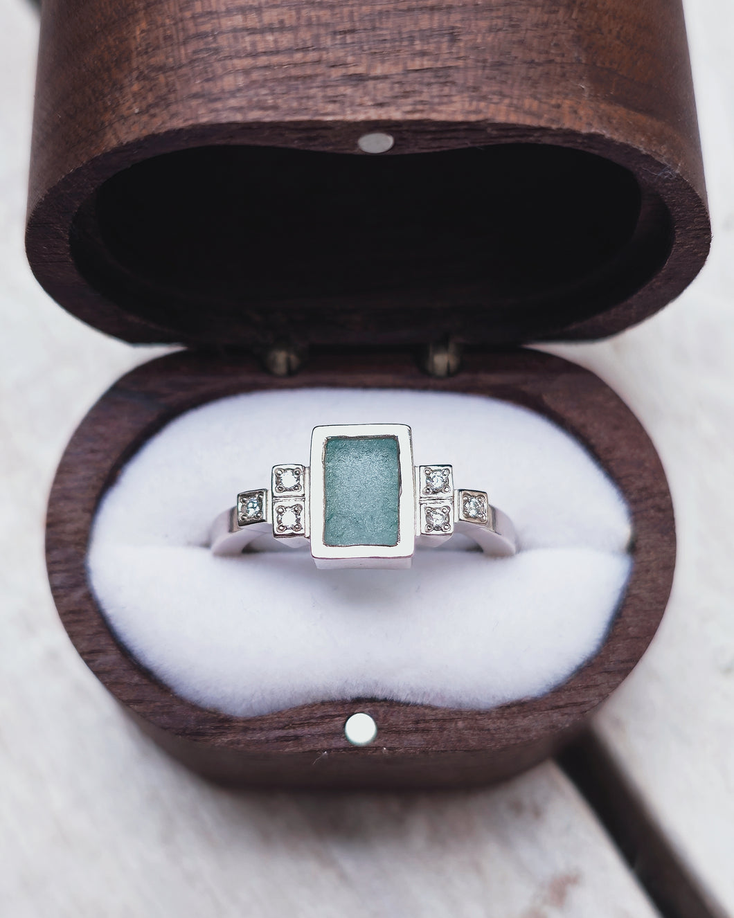 VOYAGE Engagement Ring - Rectangle Sea Glass + Six Certified 1.3mm Ocean Sourced Diamonds 0.06ct in 18ct Gold or Silver by South Jewellery
