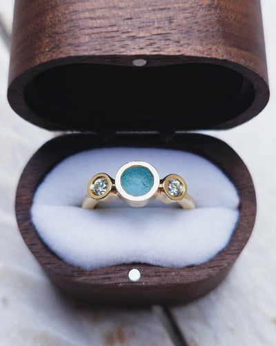 CAVERN Engagement Ring - Round Sea Glass + Two Certified 3mm Ocean Sourced Diamonds 0.22ct in 18ct Gold or Silver