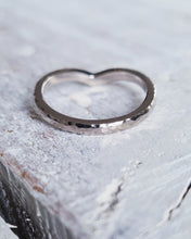 Load image into Gallery viewer, Back view showing the hammered finish on an 18ct white gold wishbone wedding ring.
