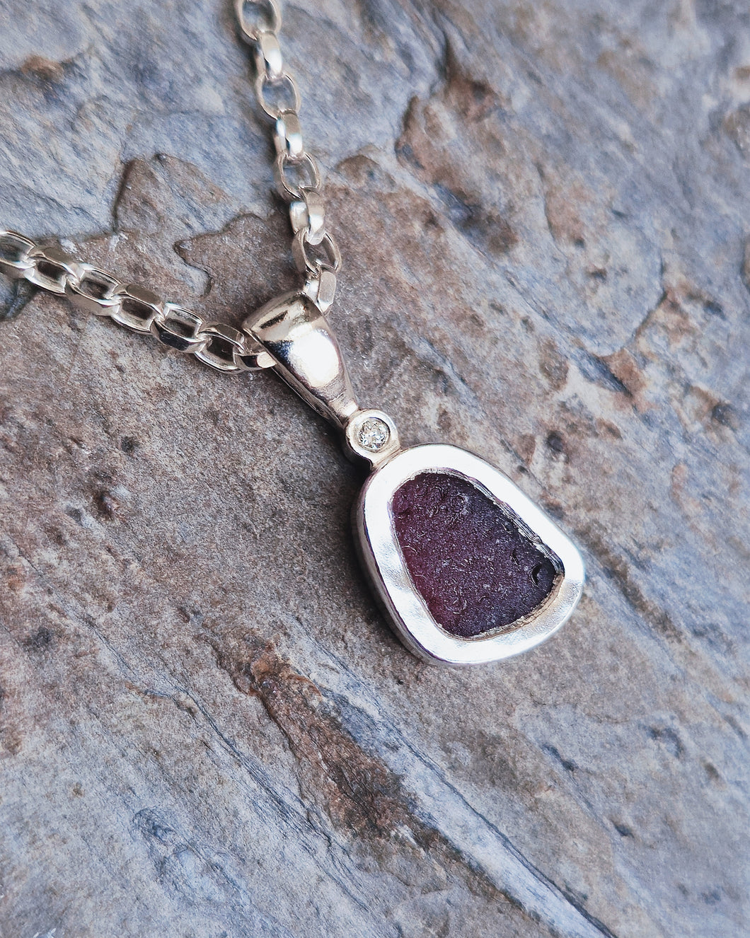 MERMAID Necklace - Deep Purple Sea Glass + Certified 1.5mm Ocean Sourced Diamond in Silver