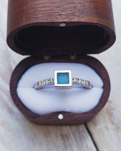 ELYSIUM Engagement Ring - Square Sea Glass + Six Certified 1.3mm Ocean Sourced Diamonds 0.06ct in 18ct Gold or Silver