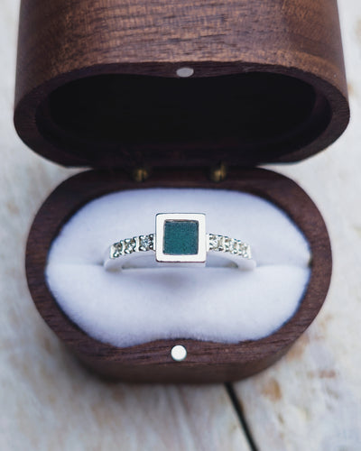 ELYSIUM Engagement Ring - Square Sea Glass + Six Certified 1.3mm Ocean Sourced Diamonds 0.06ct in 18ct Gold or Silver