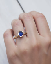 Load image into Gallery viewer, FLOW Engagement Ring - Raw Royal Blue Sea Glass + Eight Certified 1.3mm Ocean Diamonds in 9ct Yellow Gold - Size N
