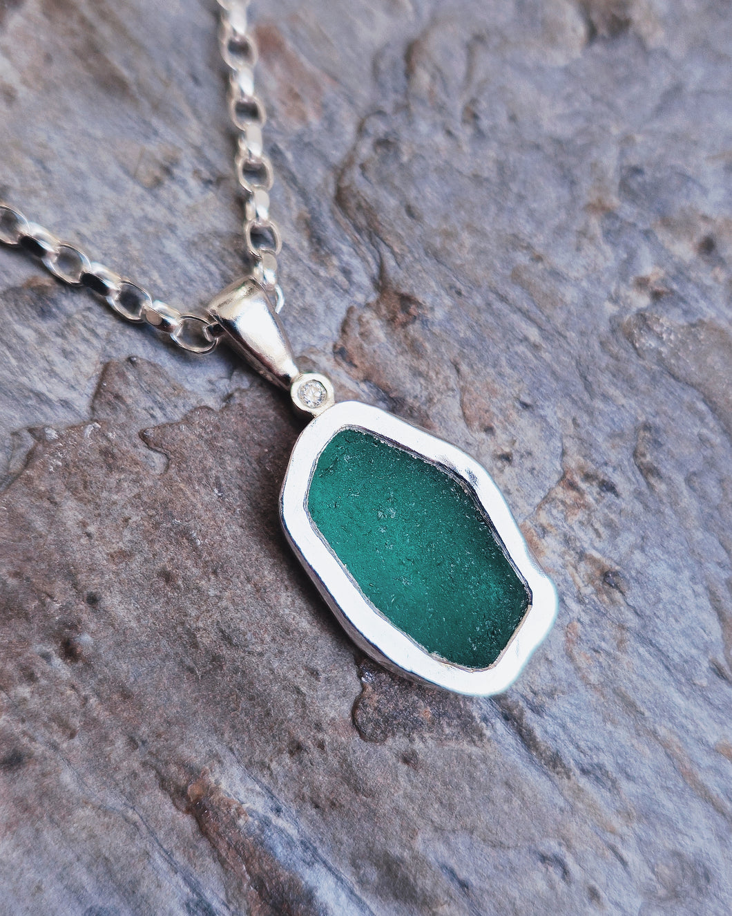 MERMAID Necklace - Green Blue Sea Glass + Certified 1.5mm Ocean Sourced Diamond in Silver