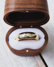 Load image into Gallery viewer, This ring designed for weddings has a D shape band which is traditonal but it has a hammered finish which gives it a rustic yet modern look.
