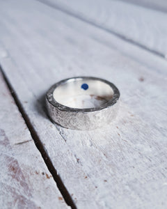 Rustic handmade wedding band for men that has sea glass set within the heavy 6mm wide band.