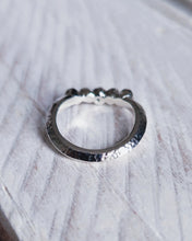 Load image into Gallery viewer, Back view which shows the elegant knife edge style band on this sea glass and diamond wedding ring.

