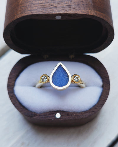ABYSSAL Engagement Ring - Waterdrop Sea Glass + Two Certified 2.5mm Ocean Sourced Diamonds 0.14ct in 18ct Gold or Silver