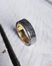 Load image into Gallery viewer, Men&#39;s PORTHLEVEN STORM Wedding Ring in Oxidised Silver Outlay + 18ct Yellow Gold Inlay by South Jewellery
