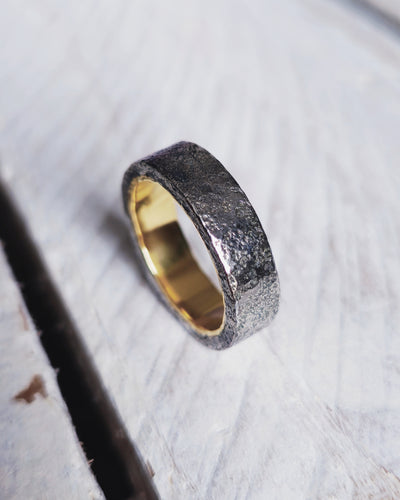 Men's PORTHLEVEN STORM Wedding Ring in Oxidised Silver Outlay + 18ct Yellow Gold Inlay by South Jewellery