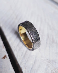 Men's PORTHLEVEN STORM Wedding Ring in Oxidised Silver Outlay + 18ct Yellow Gold Inlay by South Jewellery