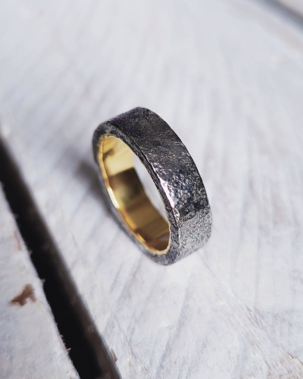 Men's PORTHLEVEN STORM Wedding Ring in Oxidised Silver Outlay + 18ct Yellow Gold Inlay by South Jewellery
