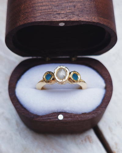 ROCK Engagement Ring - Certified Ocean Sourced Raw Diamond + Two 2.5mm Raw Round Sea Glass in 18ct Gold or Silver