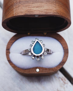 HALO Engagement Ring - Waterdrop Sea Glass + Twelve Certified 1.3mm Ocean Sourced Diamonds 0.12ct in 18ct Gold or Silver