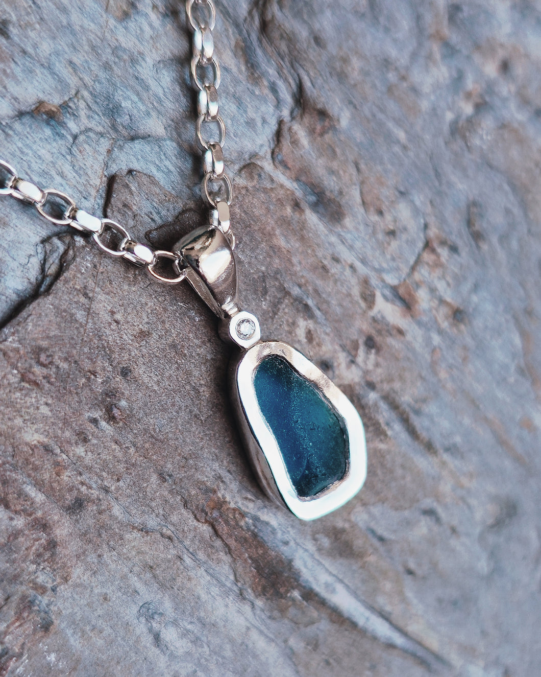 MERMAID Necklace - Tealquoise Sea Glass + Certified 1.5mm Ocean Sourced Diamond in Silver