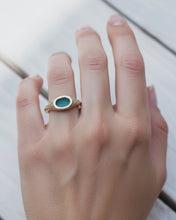 Load image into Gallery viewer, TREASURE Engagement Signet Ring - Oval Deep Teal Sea Glass + Twelve Certified 1.3mm Ocean Diamonds in 9ct Yellow Gold - Size L
