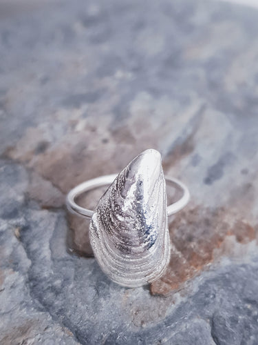Traditionally cast mussel shell ring in sterling silver.