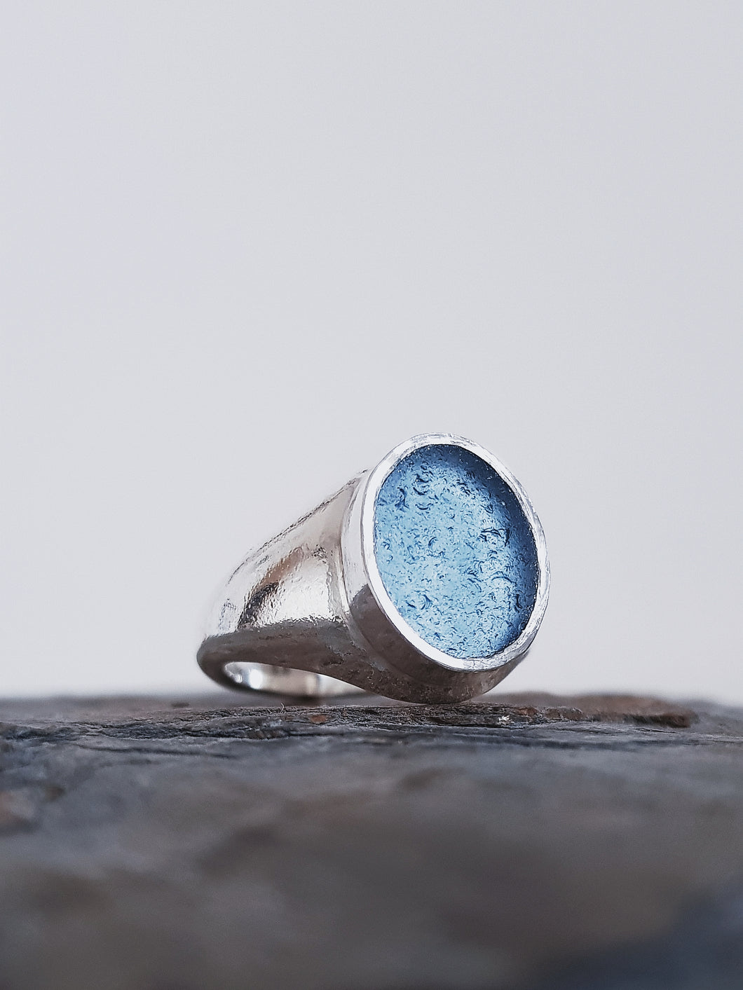 Sea glass signet ring that was made to order in Newquay, England.
