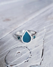 Load image into Gallery viewer, ABYSSAL Engagement Ring - Waterdrop Sea Glass + Two 2.5mm Blue or White Diamonds 0.14ct in 18ct Gold or Silver
