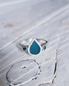 ABYSSAL Engagement Ring - Waterdrop Sea Glass + Two 2.5mm Blue or White Diamonds 0.14ct in 18ct Gold or Silver