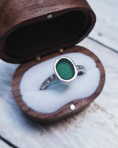 EMPRESS Engagement Ring - Oval Sea Glass + Twelve Certified 1.5mm Ocean Sourced Diamonds 0.18ct in 18ct Gold or Silver