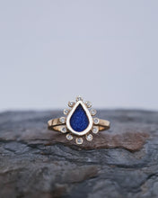 Load image into Gallery viewer, HALO Engagement Ring - Waterdrop Royal Blue Sea Glass + Twelve Certified 1.3mm Ocean Sourced Diamonds 0.12ct in 18ct Yellow Gold - Size L
