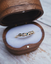 Load image into Gallery viewer, ROCK Wedding Ring - Raw Round Tealquoise Sea Glass + Four Certified 1.3mm Ocean Sourced Diamonds in 18ct Yellow Gold - Size K

