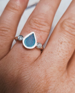 ABYSSAL Engagement Ring - Waterdrop Sea Glass + Two 2.5mm Blue or White Diamonds 0.14ct in 18ct Gold or Silver