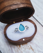 Load image into Gallery viewer, ABYSSAL Engagement Ring - Waterdrop Sea Glass + Two 2.5mm Blue or White Diamonds 0.14ct in 18ct Gold or Silver

