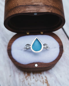 ABYSSAL Engagement Ring - Waterdrop Sea Glass + Two 2.5mm Blue or White Diamonds 0.14ct in 18ct Gold or Silver