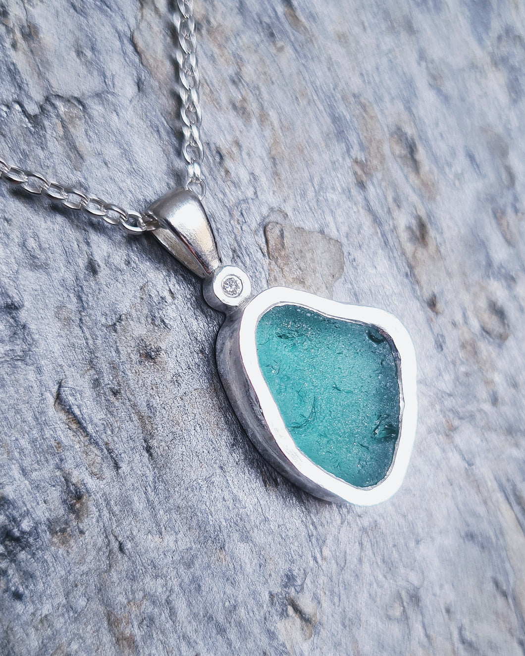 BESPOKE - Sea Glass Bezel Necklace (No Diamond Option Also Available) in Sterling Silver or 9ct Gold
