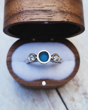 Load image into Gallery viewer, CAVERN Engagement Ring - Round Sea Glass + Two Certified 3mm Ocean Sourced Diamonds 0.22ct in 18ct Gold or Silver
