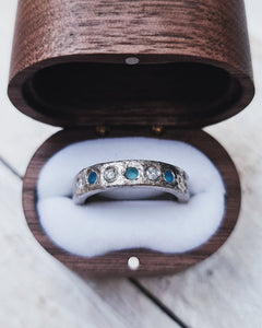 Tidal flush set teal and turquoise sea glass eternity ring with diamonds in 18ct gold.