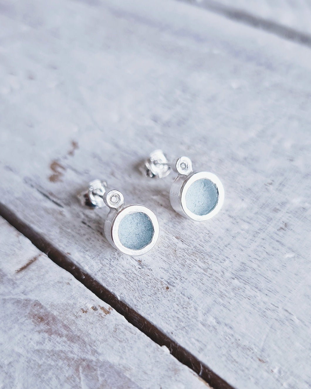 BESPOKE - Sea Glass Bezel Stud Earrings (No Diamond Option Also Available) in Sterling Silver or 9ct Gold
