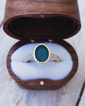 Load image into Gallery viewer, Empress teal sea glass &amp; bead set diamond engagement ring in 18ct yellow gold. Handmade in Cornwall.
